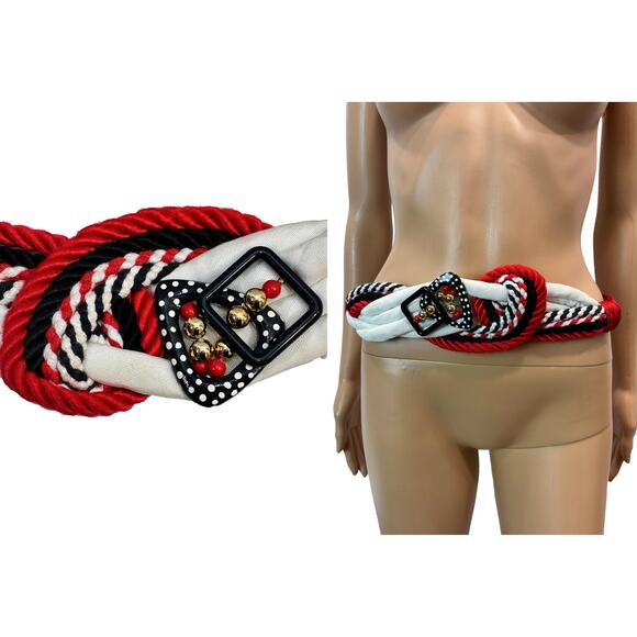 Vintage 80s Rhea Red Rope Belt w/ Polka Dot Buckle Statement Accessory - Picture 2 of 11